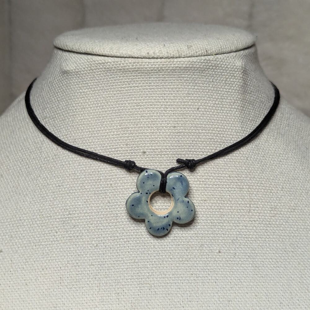 Light Blue Ceramic Flower Pendant Necklace Boho Hippie Whimsical Y2K Style